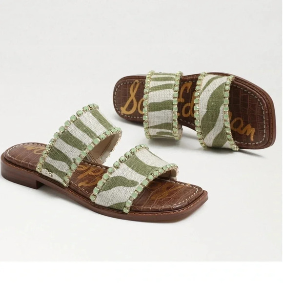 Sam Edelman HOPIE Zebra Green Linen Square Toe Slide Sandals Rhinestones Size 11 - Picture 2 of 16